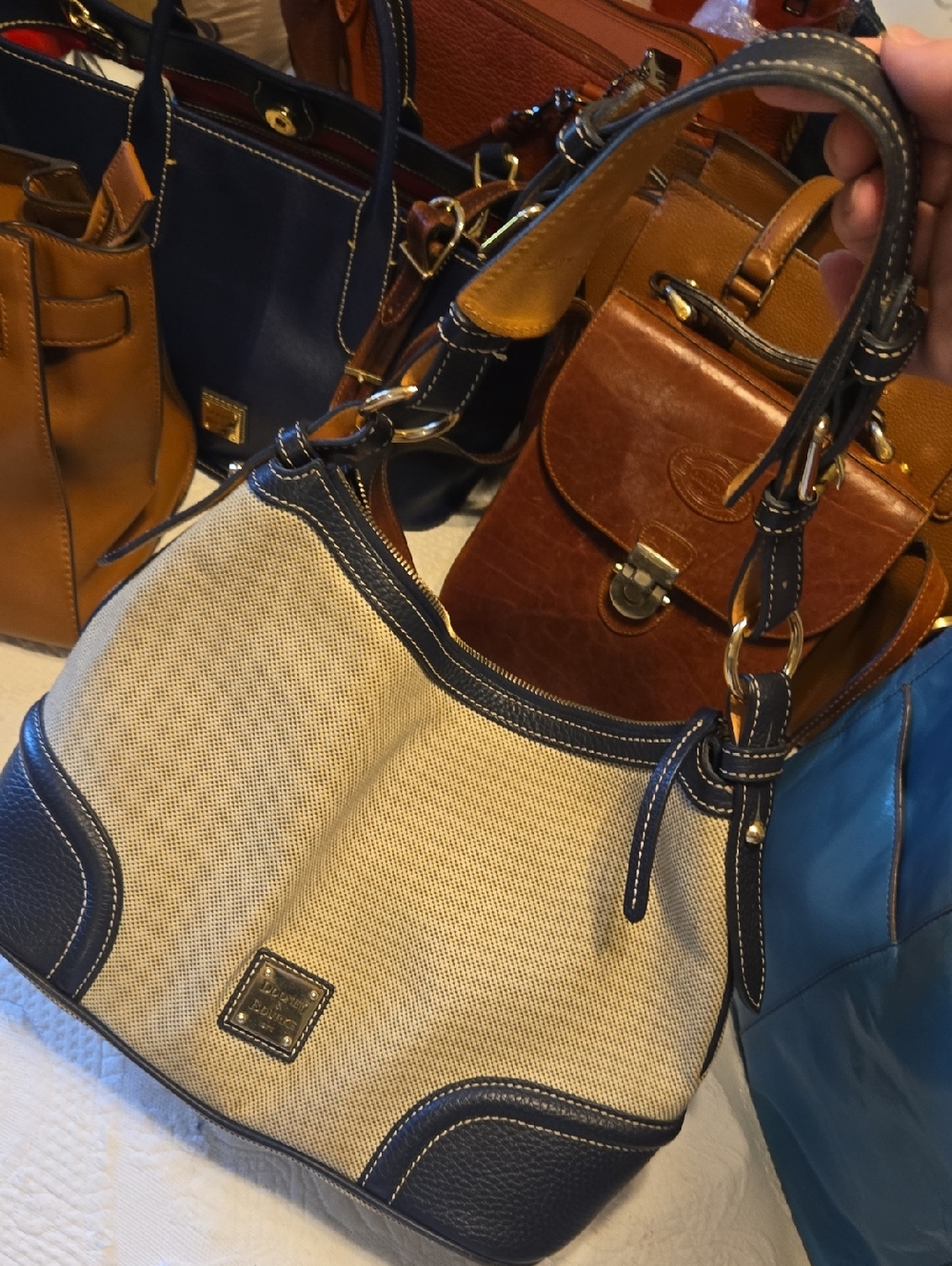 Navy and Cream Canvas Hobo Bag with Leather Trim